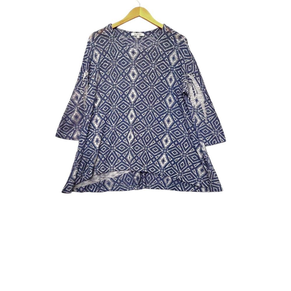 Jess & Jane Tunic Sweater Hi Low Size Large Lagenlook Gray Blue Geometric‎ USA